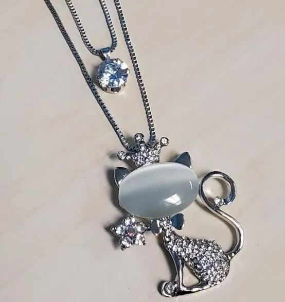 Necklaces polly N510 Silver Moonstone Cat with Crown Necklace with FREE Earrings Necklaces polly N510 Silver Moonstone Cat with Crown Necklace with FREE Earrings