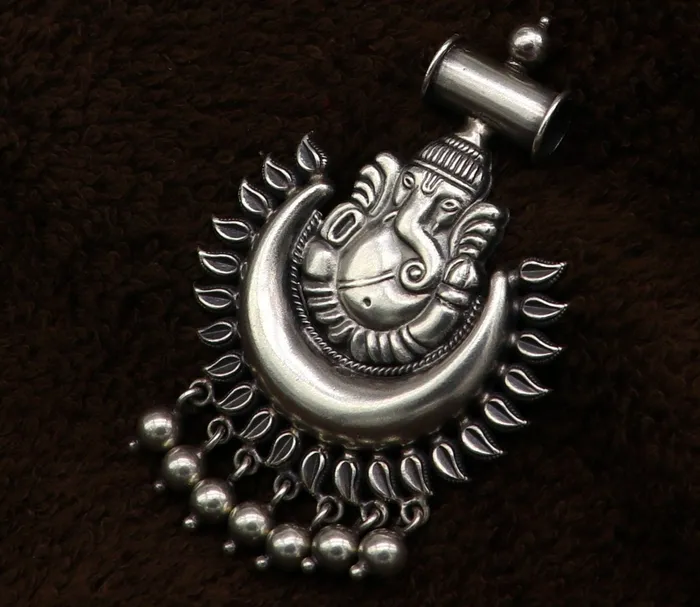 Necklaces TRIBAL ORNAMENTS 925 fine pure silver customized design idol lord Ganesha pendant with gorgeous hanging drops excellent brides gifting pendant India ssp360 Necklaces TRIBAL ORNAMENTS 925 fine pure silver customized design idol lord Ganesha pendant with gorgeous hanging drops excellent brides gifting pendant India ssp360