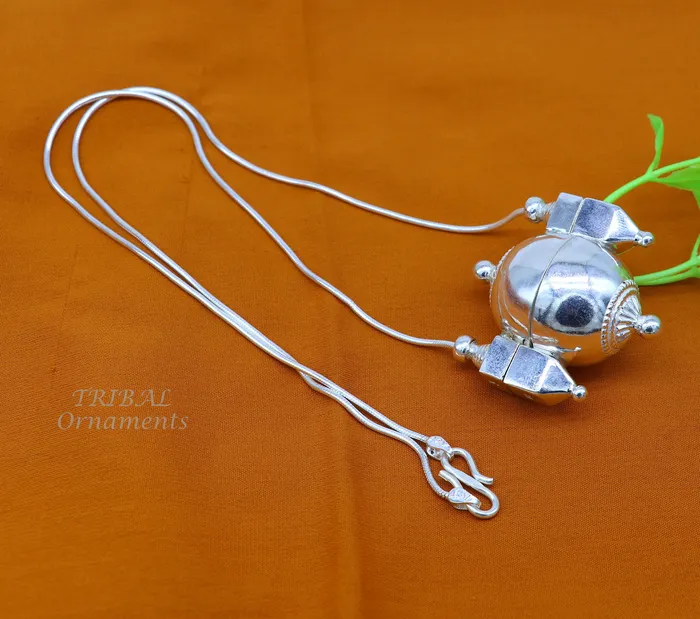 Necklaces Unique handmade solid sterling silver chain and Shiva lingam box box pendant necklace set container pendant tribal jewelry India set491 TRIBAL ORNAMENTS