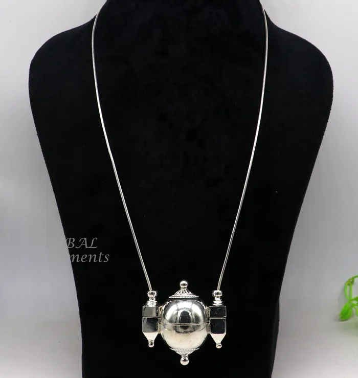 Necklaces Unique handmade solid sterling silver chain and Shiva lingam box box pendant necklace set container pendant tribal jewelry India set491 TRIBAL ORNAMENTS