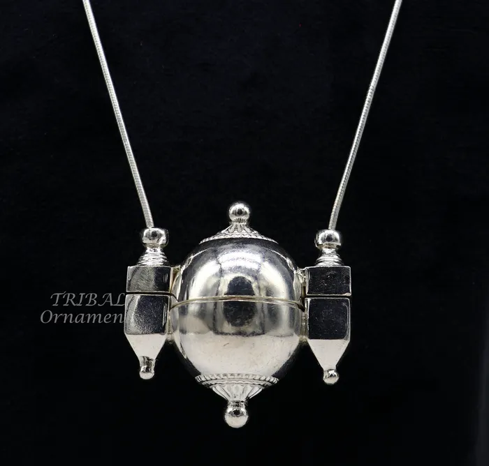 Necklaces Unique handmade solid sterling silver chain and Shiva lingam box box pendant necklace set container pendant tribal jewelry India set491 TRIBAL ORNAMENTS