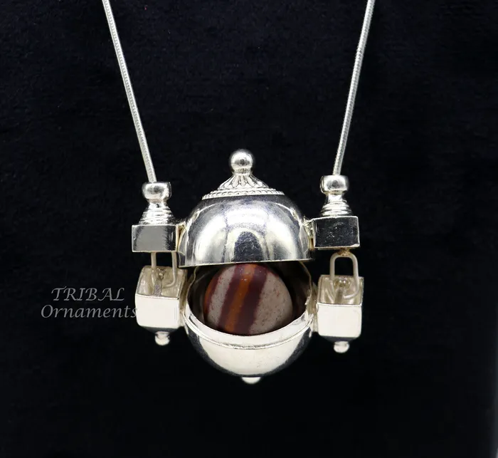 Necklaces Unique handmade solid sterling silver chain and Shiva lingam box box pendant necklace set container pendant tribal jewelry India set491 TRIBAL ORNAMENTS