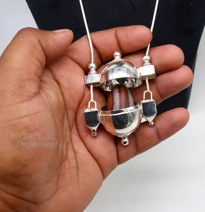 Necklaces Unique handmade solid sterling silver chain and Shiva lingam box box pendant necklace set container pendant tribal jewelry India set491 TRIBAL ORNAMENTS