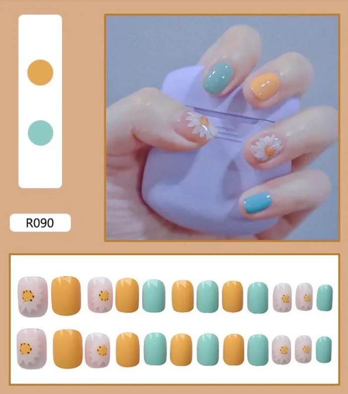 NS582 Short Square Press On Nails 24 Pieces R090 Polly Earrings