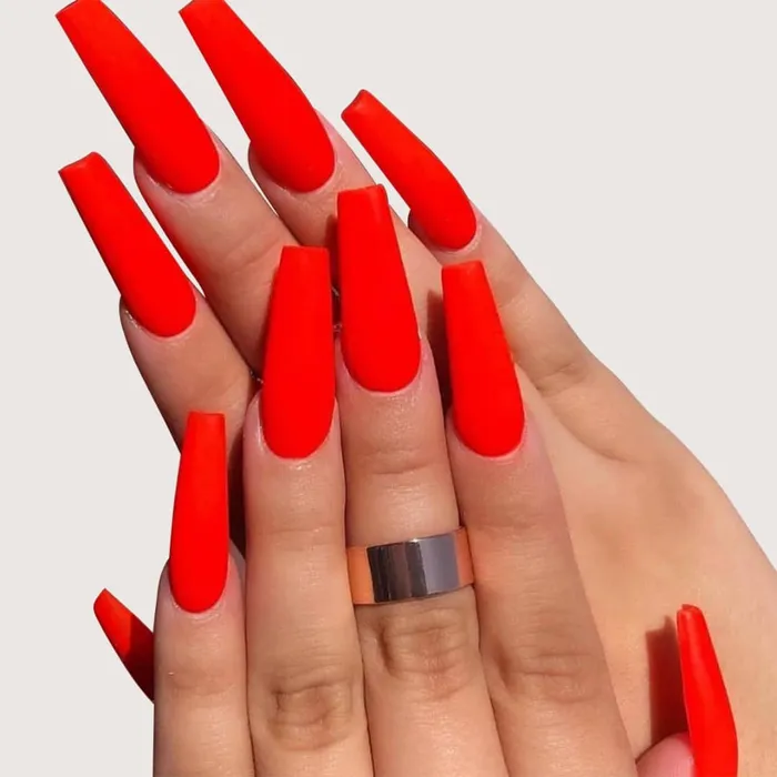 NS63 Extra Long Nails Coffin Press On Matte Red 22 Pieces Ashley Earrings
