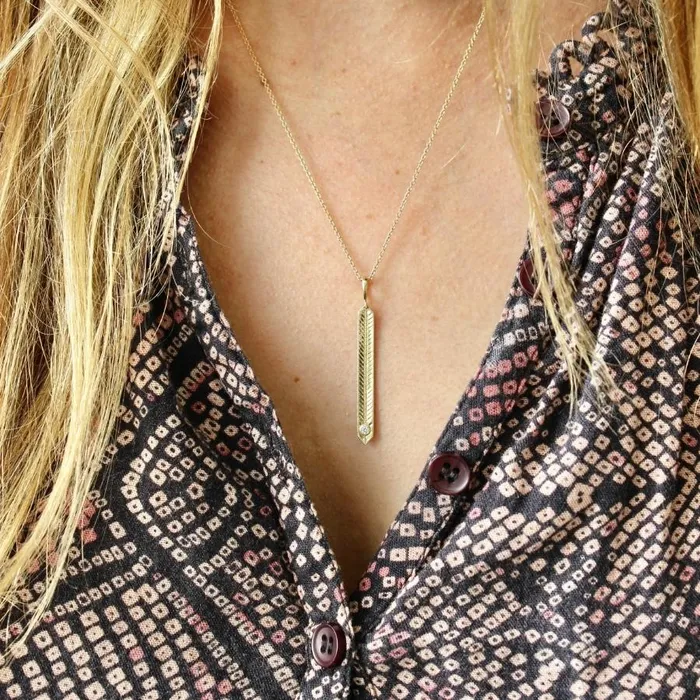 Obelisk Engraved Vertical Diamond Necklace Made By Gem Breakfast Necklaces