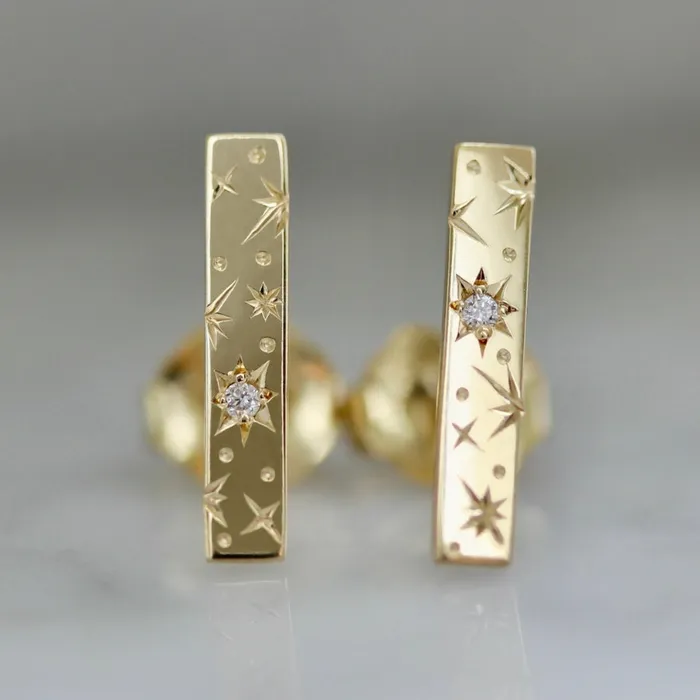 Orion Star Engraved Diamond Bar Earrings Made By Gem Breakfast Earrings