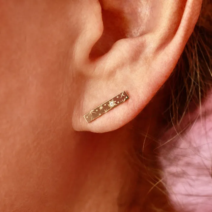 Orion Star Engraved Diamond Bar Earrings Made By Gem Breakfast Earrings