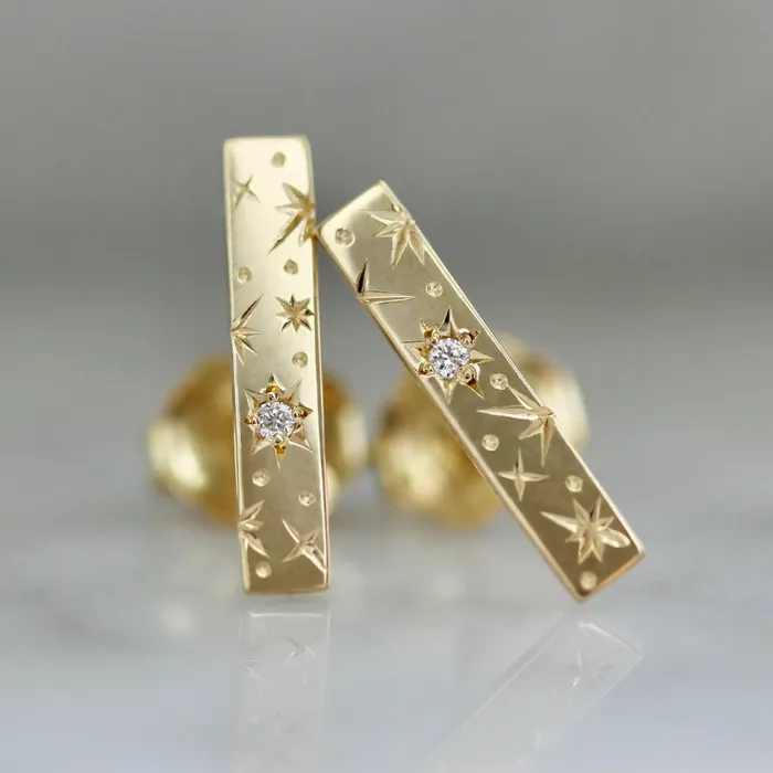 Orion Star Engraved Diamond Bar Earrings Made By Gem Breakfast Earrings