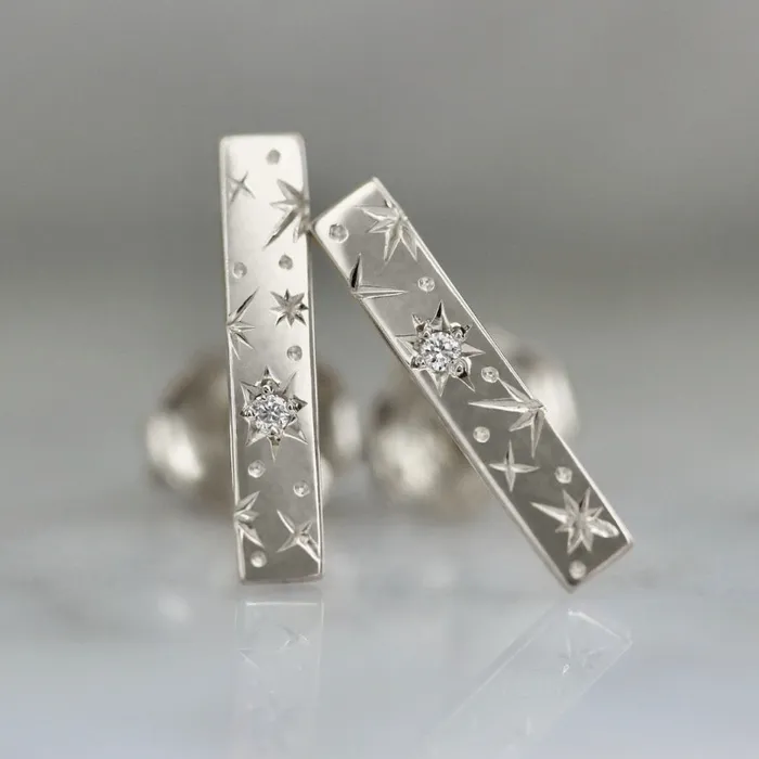 Orion Star Engraved Diamond Bar Earrings Made By Gem Breakfast Earrings