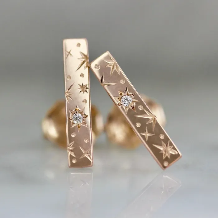 Orion Star Engraved Diamond Bar Earrings Made By Gem Breakfast Earrings