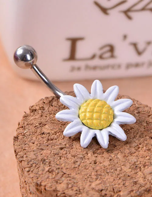 P139 Silver White Flower Belly Button Ring 02 Rings