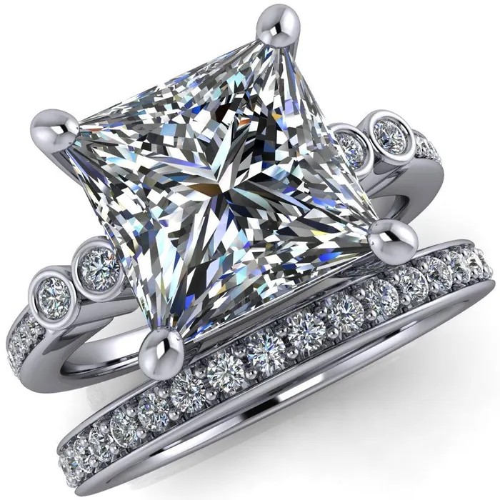 Pascala PrincessSquare Moissanite Diamond Side 4 Prong Engagement Ring Fire Brilliance Rings