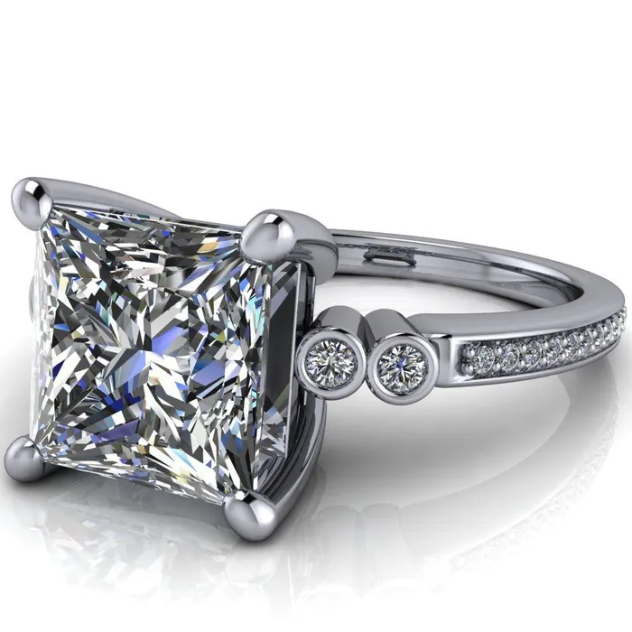 Pascala PrincessSquare Moissanite Diamond Side 4 Prong Engagement Ring Fire Brilliance Rings