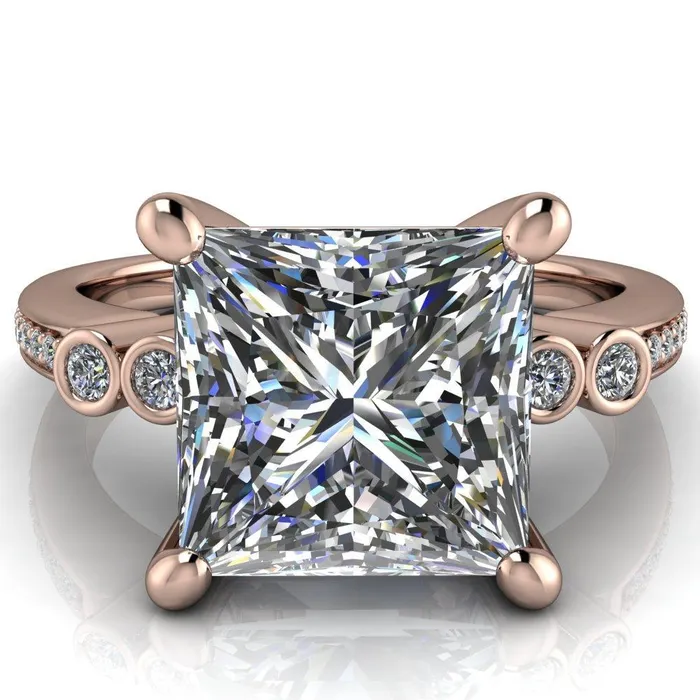 Pascala PrincessSquare Moissanite Diamond Side 4 Prong Engagement Ring Fire Brilliance Rings