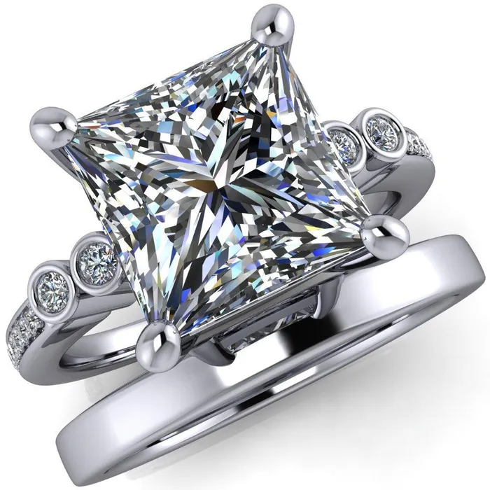 Pascala PrincessSquare Moissanite Diamond Side 4 Prong Engagement Ring Fire Brilliance Rings