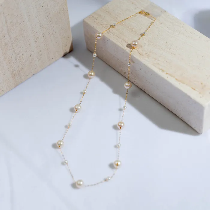 Pearly Lustre Earrings 18K Solid Gold Freshwater Pearl Necklace Earrings Set KS00017