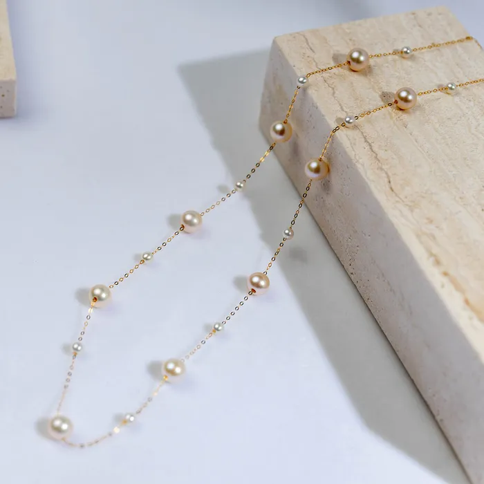 Pearly Lustre Earrings 18K Solid Gold Freshwater Pearl Necklace Earrings Set KS00017