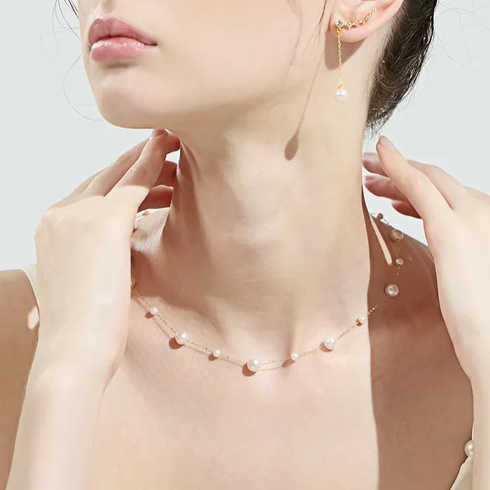 Pearly Lustre Earrings 18K Solid Gold Freshwater Pearl Necklace Earrings Set KS00017