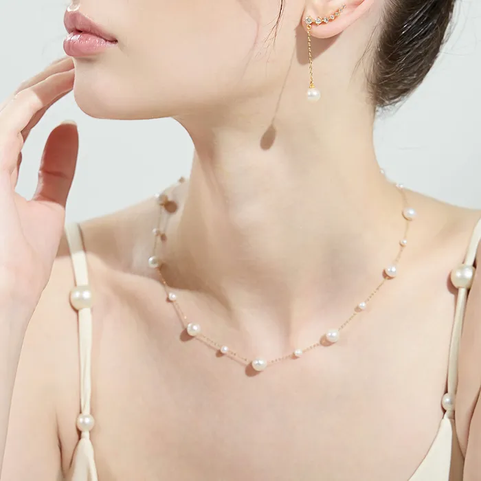 Pearly Lustre Earrings 18K Solid Gold Freshwater Pearl Necklace Earrings Set KS00017
