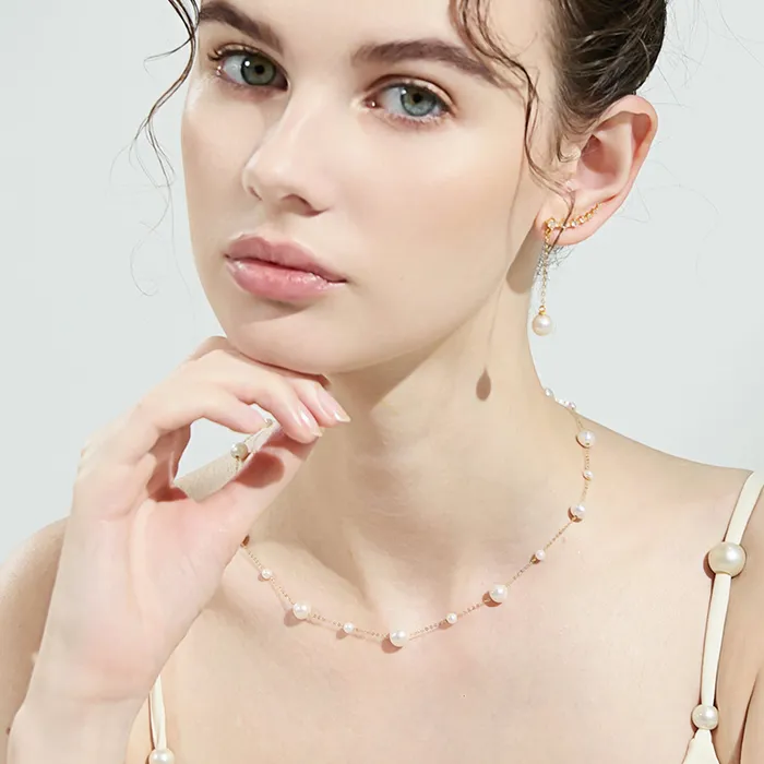 Pearly Lustre Earrings 18K Solid Gold Freshwater Pearl Necklace Earrings Set KS00017