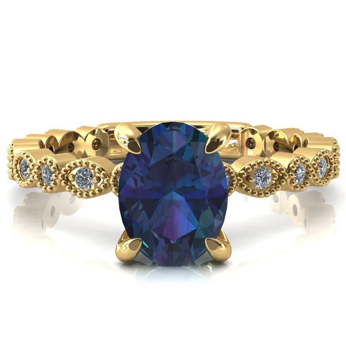 Polaris Oval Alexandrite 4 Claw Prong Diamond Halo Full Eternity Engagement Ring Fire Brilliance Rings