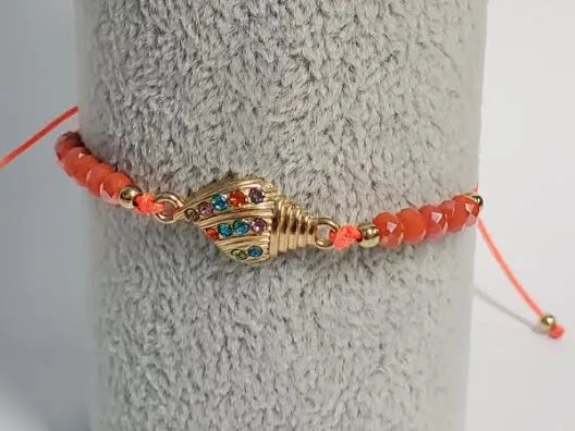 polly B700 Orange Cord Bead Multi Color Rhinestone Conch Shell Bracelet Bracelets