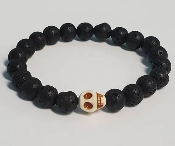 polly Bracelets B527 Black Lava Stone White Skull Bead Bracelet