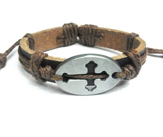 POLLY Bracelets B84 Silver Cross in Oval Brown Leather Light Brown Cord Bracelet
