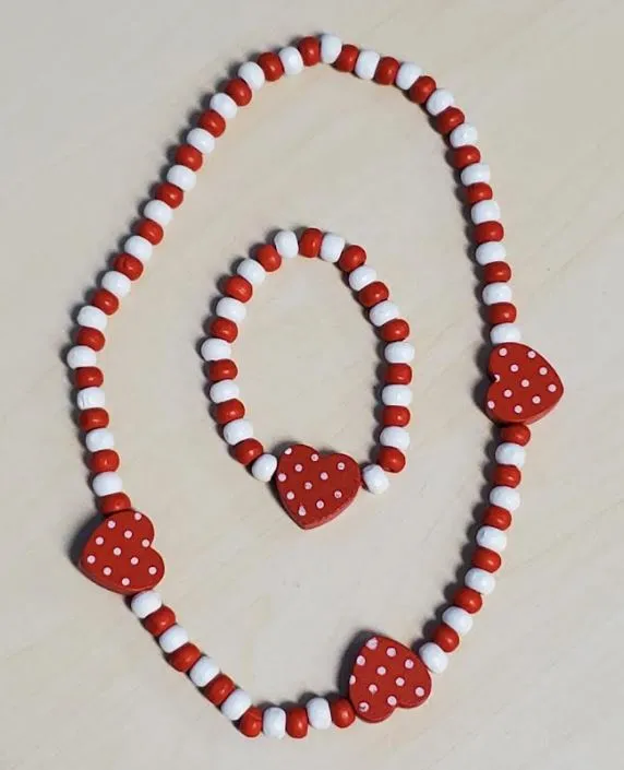 POLLY Bracelets L449 Red White Polka Dot Heart Wooden Necklace Bracelet Set