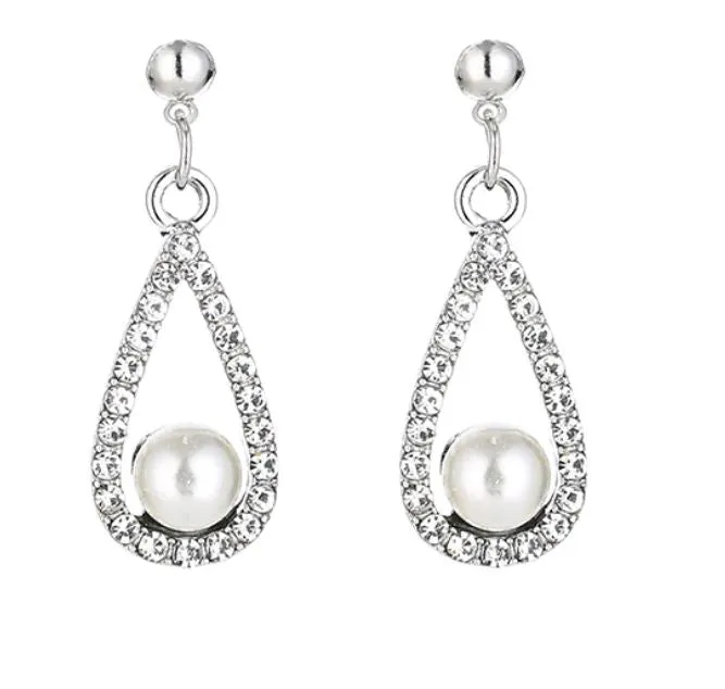polly Earrings E765 Silver Rhinestone Teardrop Pearl Earrings