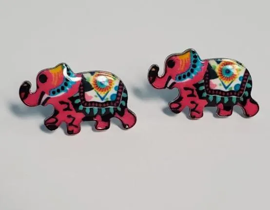 polly Earrings L198 Hot Pink Colorful Festive Elephant Earrings