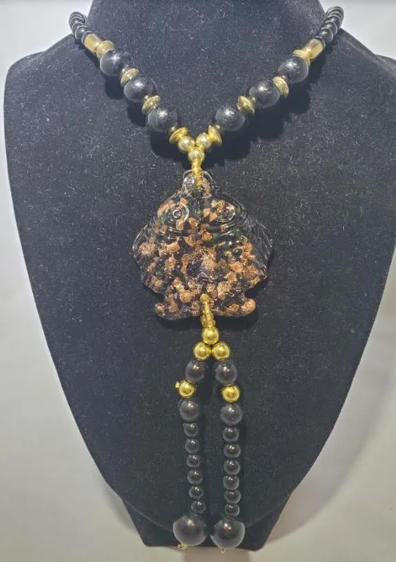 polly N2010 Black Bead Koi Fish Decorated Glass Long Necklace With Free Earrings Necklaces