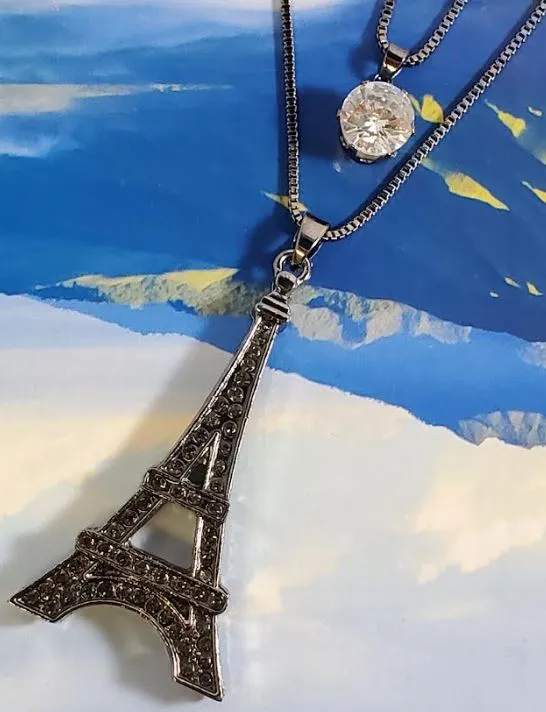 POLLY Necklaces AZ1192 Gun Metal Gray Rhinestone Eiffel Tower Necklace with FREE Earrings