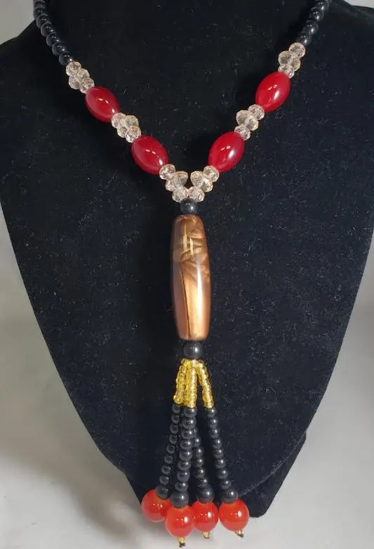 polly Necklaces N1865 Black Bead Bronze Glass Long Necklace With Free Earrings