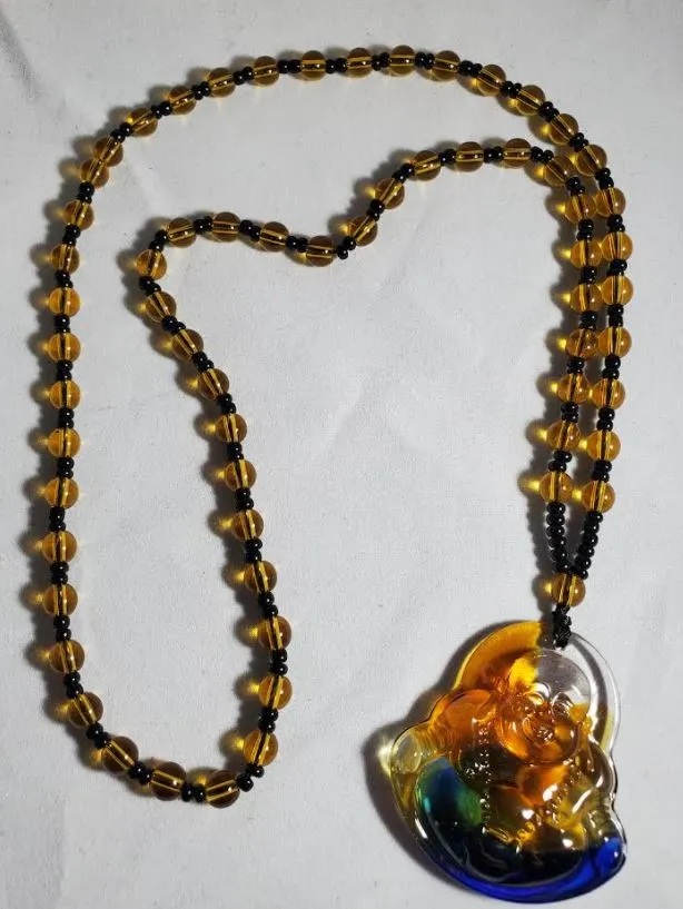 polly Necklaces N2166 Champagne Black Bead Glass Buddha Necklace with Free Earrings polly Necklaces N2166 Champagne Black Bead Glass Buddha Necklace with Free Earrings