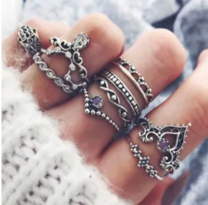 POLLY Rings RS28 Silver Color Assorted 10 pc Ring Set