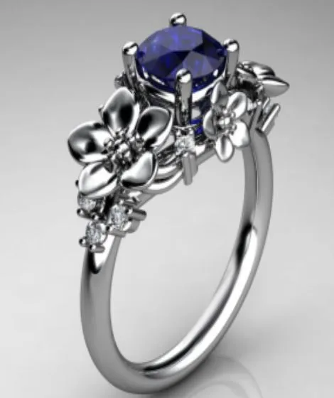 R127 Silver Blue Gemstone Flower Rhinestone Ring polly Rings