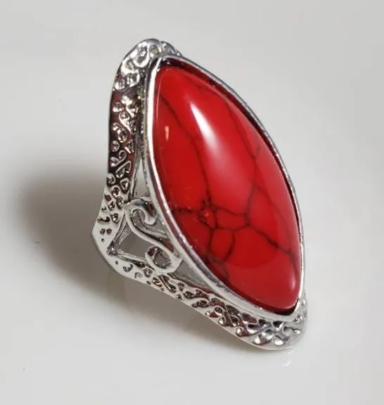 R143 Silver Red Crackle Stone Ring alice Rings