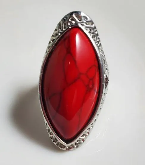 R143 Silver Red Crackle Stone Ring alice Rings