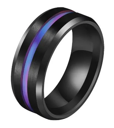Rings 01 R413 Black with Iridescent Stripe Titanium Stainless Steel Ring
