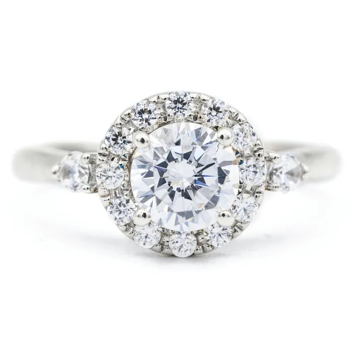 Rings 8mm Round Center 14K White Gold Halo Diamond Shank Ring Fire Brilliance Rings 8mm Round Center 14K White Gold Halo Diamond Shank Ring Fire Brilliance