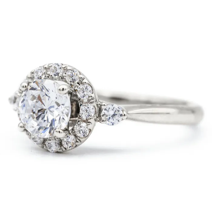 Rings 8mm Round Center 14K White Gold Halo Diamond Shank Ring Fire Brilliance 