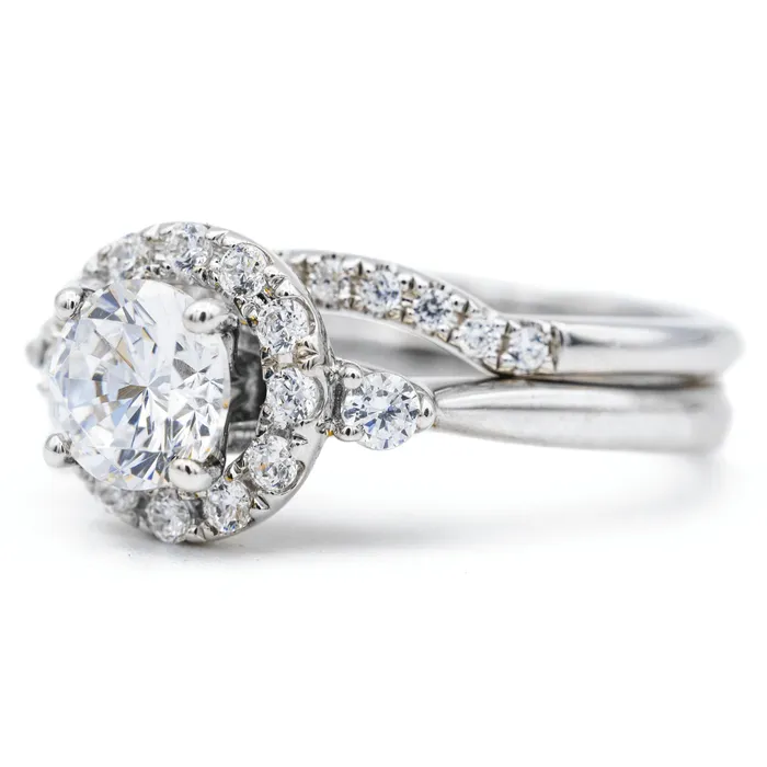 Rings 8mm Round Center 14K White Gold Halo Diamond Shank Ring Fire Brilliance 