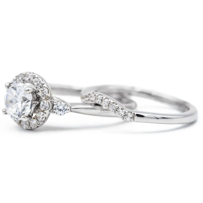 Rings 8mm Round Center 14K White Gold Halo Diamond Shank Ring Fire Brilliance 