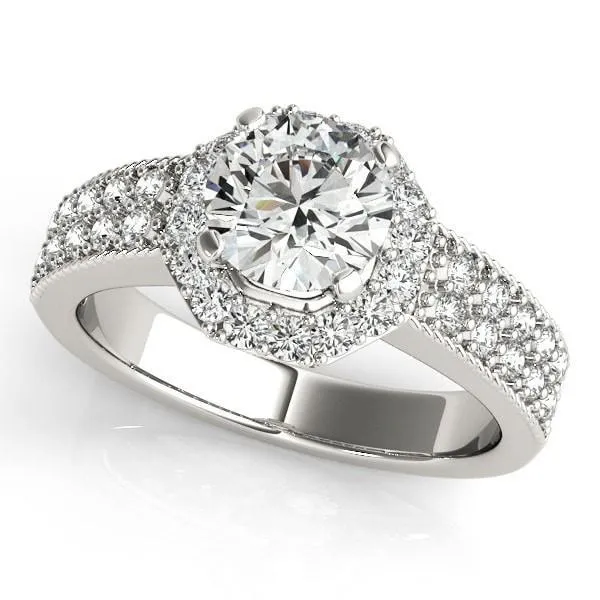 Rings Doll Round Center Stone Diamond Hexagon Halo and Double Shank Ring Fire Brilliance 