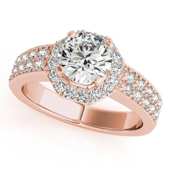 Rings Doll Round Center Stone Diamond Hexagon Halo and Double Shank Ring Fire Brilliance 