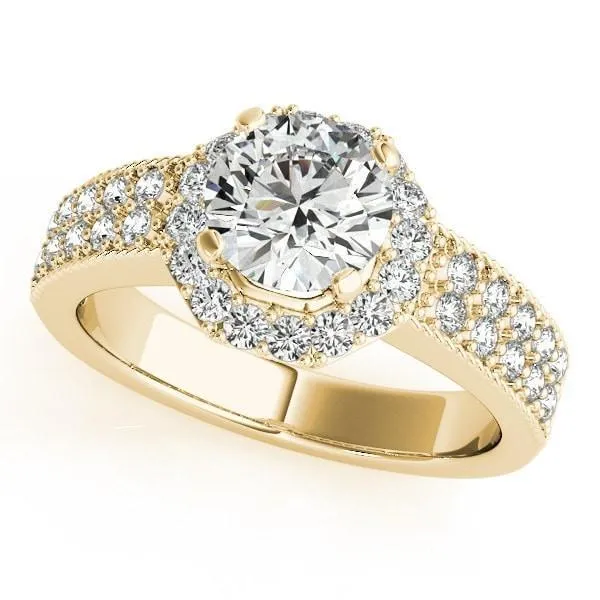 Rings Doll Round Center Stone Diamond Hexagon Halo and Double Shank Ring Fire Brilliance 