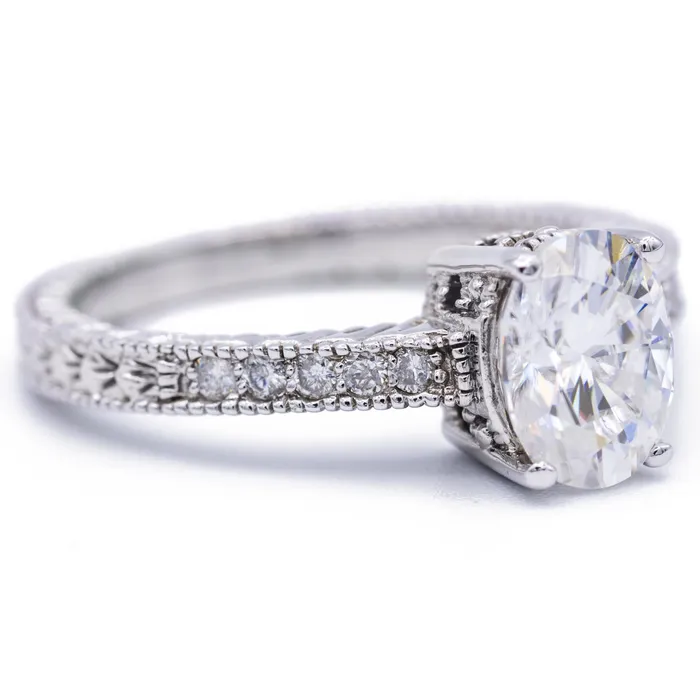 Rings Fire Brilliance 8x6mm Oval Moissanite 14k White Gold Etched Filigree Diamond Shoulders Rings Fire Brilliance 8x6mm Oval Moissanite 14k White Gold Etched Filigree Diamond Shoulders