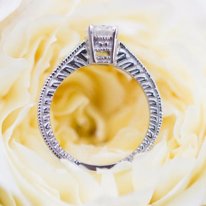 Rings Fire Brilliance 8x6mm Oval Moissanite 14k White Gold Etched Filigree Diamond Shoulders